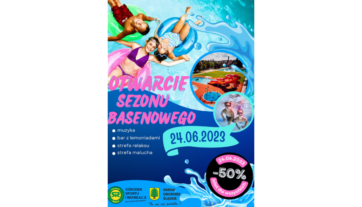 Plakat informujący o otwarciu basenu w Obornikach Śląskich