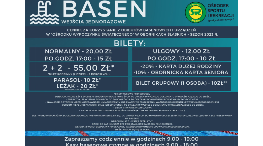 Cennik wejść na basen w sezonie 2023