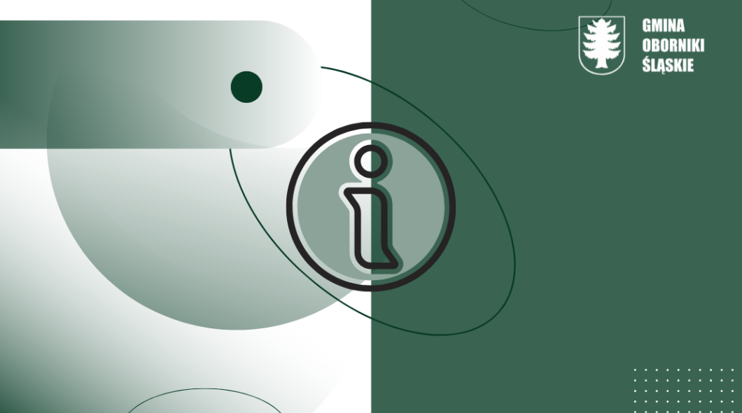 Informacja - grafika z literą i oraz logo Gminy Oborniki Śląskie