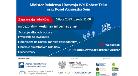 Plakat informujący o webinarze dla rolników