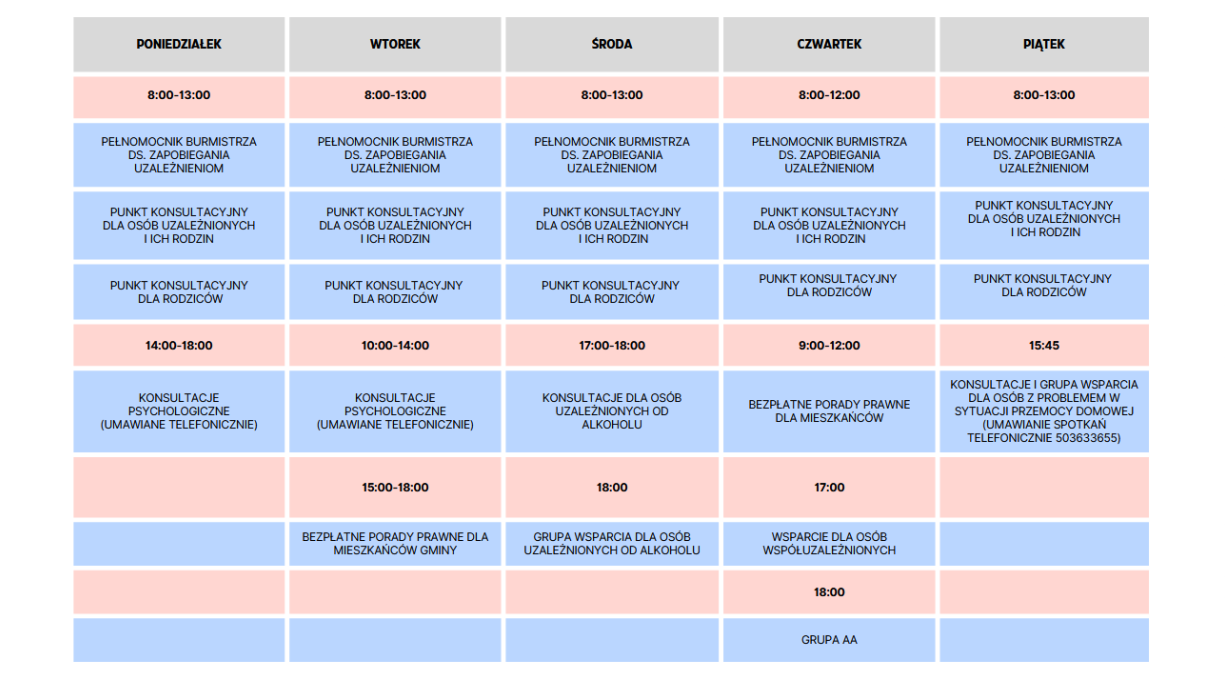 Harmonogram pracy Biura Pełnomocnika Burmistrza ds. Zapobiegania Uzależnieniom